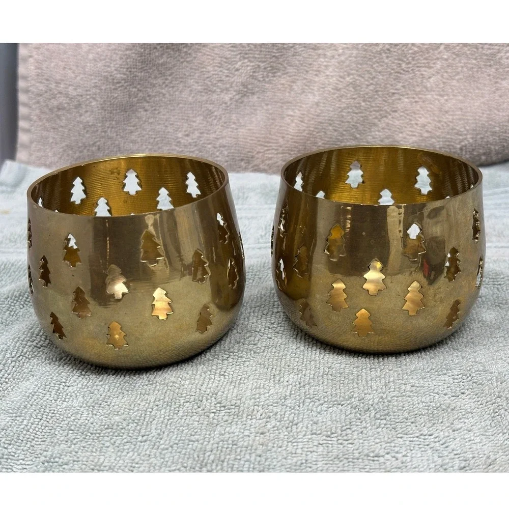 Vintage‎ Brass Christmas Tree Cutout Votive Candle Holder Set of 2 Gold Tone 3in